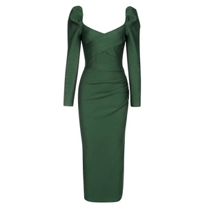 Elegant Green Midi Dress with Puff Shoulders and Long Sleeves, Fitted Evening Wear