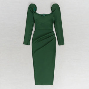 Elegant Green Midi Dress with Puff Shoulders and Long Sleeves, Fitted Evening Wear