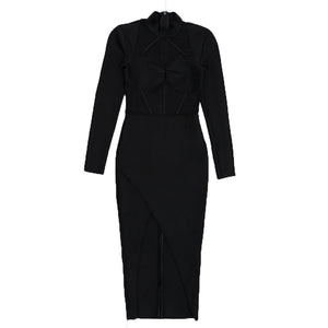 Black Long Sleeve Dress with Pleated Chest, Mesh Insert, and Asymmetrical Split Hem