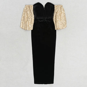 Velvet Off-Shoulder Bubble Sleeve Gold Detail Slim Hip Dress