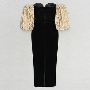 Velvet Off-Shoulder Bubble Sleeve Gold Detail Slim Hip Dress