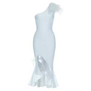 One-Shoulder Light Blue Bodycon Dress with Mesh Patchwork and Ruffled Fishtail Hem