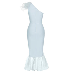 One-Shoulder Light Blue Bodycon Dress with Mesh Patchwork and Ruffled Fishtail Hem