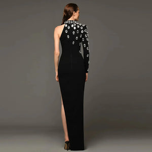 One Shoulder Black Maxi Dress with Embellished Neckline and High Slit Detail