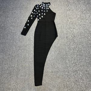 One Shoulder Black Maxi Dress with Embellished Neckline and High Slit Detail