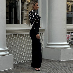 One Shoulder Black Maxi Dress with Embellished Neckline and High Slit Detail