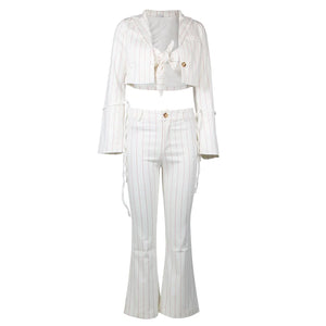 Striped Three-Piece Suit Set with Flare Long Sleeve Crop Top and High Waist Pants