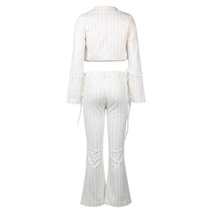 Striped Three-Piece Suit Set with Flare Long Sleeve Crop Top and High Waist Pants