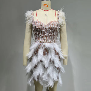 Chic Sleeveless Sequin and Feather Mini Dress with Sweetheart Neckline and Pearl Beading