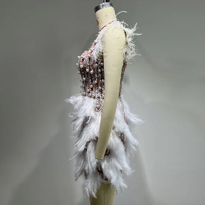 Chic Sleeveless Sequin and Feather Mini Dress with Sweetheart Neckline and Pearl Beading