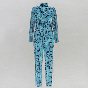 Blue Camouflage Print Semi-High Neck Long Sleeve Slim Fit Jumpsuit