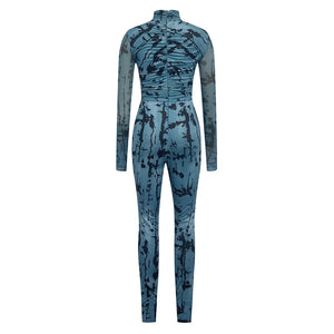 Blue Camouflage Print Semi-High Neck Long Sleeve Slim Fit Jumpsuit