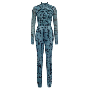 Blue Camouflage Print Semi-High Neck Long Sleeve Slim Fit Jumpsuit