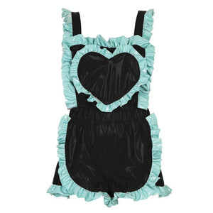 Wet Look PVC Leather Ruffle Romper with Heart Patchwork Gothic Style Sleeveless Elastic Waist Playsuit Multi-Color Clubwear