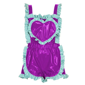 Wet Look PVC Leather Ruffle Romper with Heart Patchwork Gothic Style Sleeveless Elastic Waist Playsuit Multi-Color Clubwear