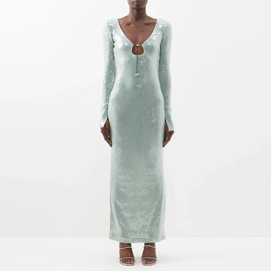 Pale Blue Sequin V-Neck Dress with Lace-Up Detail and Long Flared Sleeves