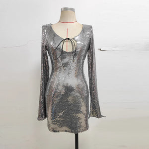 Women's Long Sleeve V-Neck Sequin Mini Dress with Lace-Up Detail and Keyhole Front