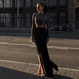 Black Beaded Mesh Crop Top with Long Sleeves and Navel-Baring Design for Evening Wear