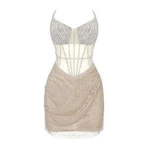 Elegant Sleeveless Mesh Rhinestone Mini Dress with Suspender Design