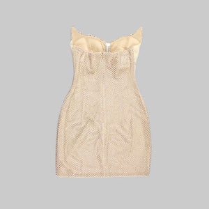 Elegant Sleeveless Mesh Rhinestone Mini Dress with Suspender Details