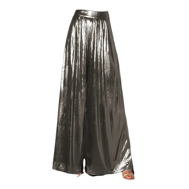 Women's High Waist Shiny Metallic Wide Leg Pleated Pants Summer Loose Fit Casual Long Trousers Multi-Color Available Sizes 7XL