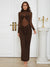 Women's Chocolate Brown Mesh Patchwork Long Sleeve Maxi Dress with Ruched Detail for Evening and Club Wear