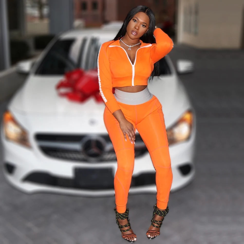Women's Orange Two-Piece Tracksuit with Cropped Jacket and Matching Pants