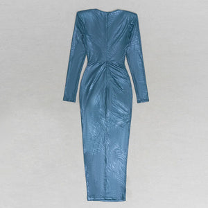 Elegant Blue Metallic V-Neck Long Sleeve Pleated Dress