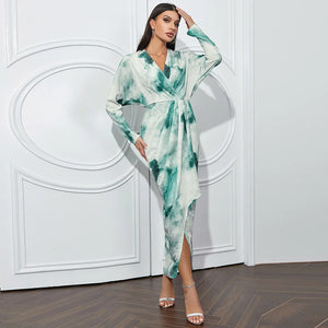 Green and White Watercolor Print V-Neck Pleated High-Low Long Sleeve Dress