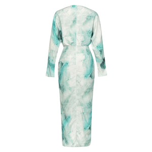 Green and White Watercolor Print V-Neck Pleated High-Low Long Sleeve Dress