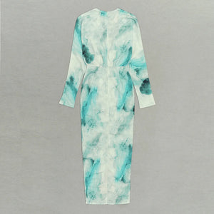 Green and White Watercolor Print V-Neck Pleated High-Low Long Sleeve Dress