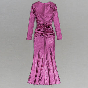 Elegant Long Sleeve V-Neck Purple Metallic Pleated Maxi Dress