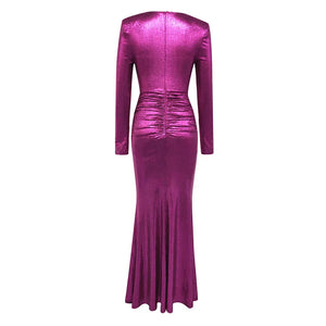 Elegant Long Sleeve V-Neck Purple Metallic Pleated Maxi Dress