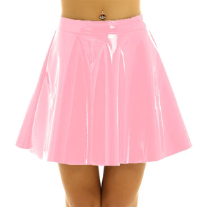 Multi-Color Glossy PVC Leather A-Line Mini Skirt Solid Color Flared Club Dance Performance Skirt with Invisible Zipper