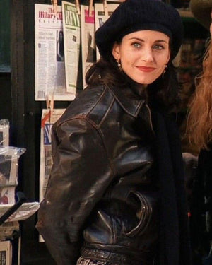 Friends S01 Monica Geller Brown Leather Jacket Women's Vintage Style