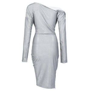 Silver Starry Long Sleeve Mini Dress with Button Detail and Asymmetrical Ruched Hem for Women