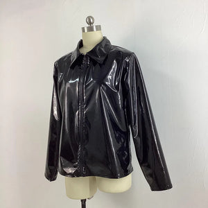 Women's Glossy PVC Leather Lapel Neck Long Sleeve Zip-Up Jacket Multi-Color Slim Shirt Coat Varsity Club Outwear 7XL