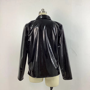 Women's Glossy PVC Leather Lapel Neck Long Sleeve Zip-Up Jacket Multi-Color Slim Shirt Coat Varsity Club Outwear 7XL