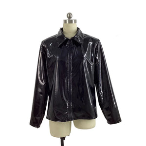 Women's Glossy PVC Leather Lapel Neck Long Sleeve Zip-Up Jacket Multi-Color Slim Shirt Coat Varsity Club Outwear 7XL