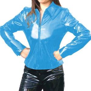 Women's Glossy PVC Leather Lapel Neck Long Sleeve Zip-Up Jacket Multi-Color Slim Shirt Coat Varsity Club Outwear 7XL