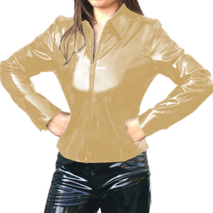 Women's Glossy PVC Leather Lapel Neck Long Sleeve Zip-Up Jacket Multi-Color Slim Shirt Coat Varsity Club Outwear 7XL