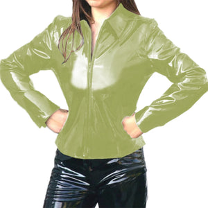 Women's Glossy PVC Leather Lapel Neck Long Sleeve Zip-Up Jacket Multi-Color Slim Shirt Coat Varsity Club Outwear 7XL