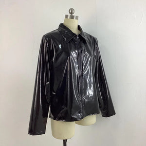 Women's Glossy PVC Leather Lapel Neck Long Sleeve Zip-Up Jacket Multi-Color Slim Shirt Coat Varsity Club Outwear 7XL