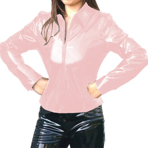 Women's Glossy PVC Leather Lapel Neck Long Sleeve Zip-Up Jacket Multi-Color Slim Shirt Coat Varsity Club Outwear 7XL