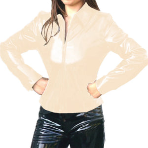 Women's Glossy PVC Leather Lapel Neck Long Sleeve Zip-Up Jacket Multi-Color Slim Shirt Coat Varsity Club Outwear 7XL