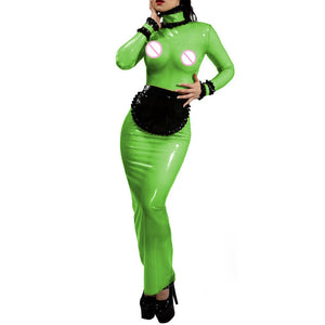 PVC Glossy Patchwork Ruffles Bodycon Long Sleeve See-through Maid Maxi Dress with Apron Multi-color 7XL