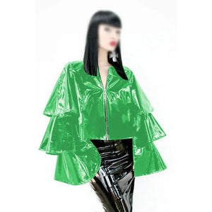 Glossy PVC Leather Ruffle Tiered Long Flare Sleeve Zip Jacket Women Lady Multi-Color Fashion S-7XL