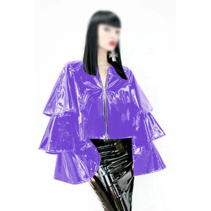 Glossy PVC Leather Ruffle Tiered Long Flare Sleeve Zip Jacket Women Lady Multi-Color Fashion S-7XL