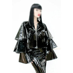 Glossy PVC Leather Ruffle Tiered Long Flare Sleeve Zip Jacket Women Lady Multi-Color Fashion S-7XL