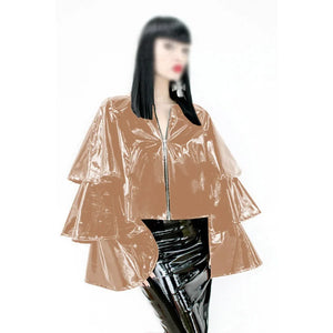 Glossy PVC Leather Ruffle Tiered Long Flare Sleeve Zip Jacket Women Lady Multi-Color Fashion S-7XL